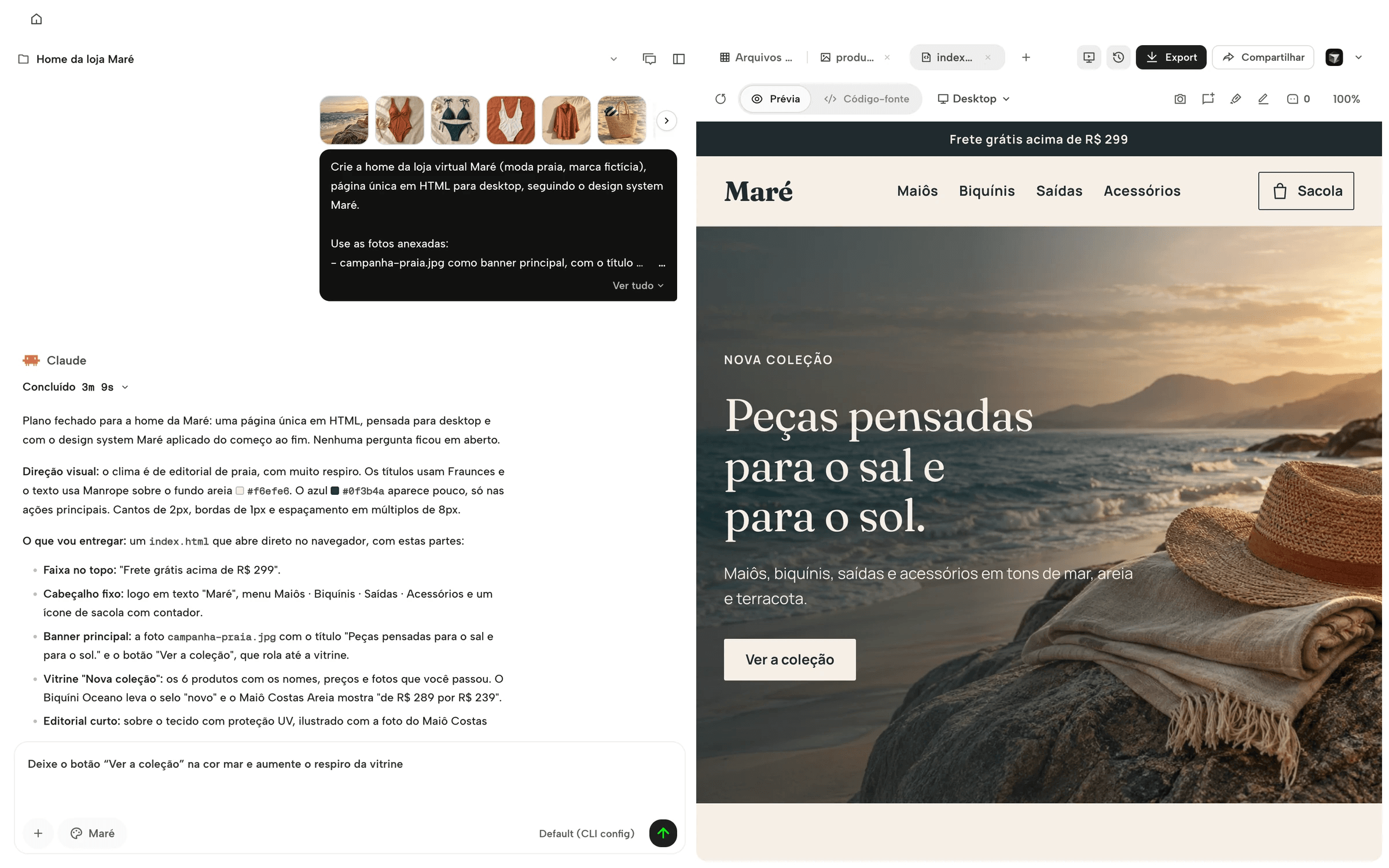 O Klee com o projeto da loja fictícia Maré aberto: a conversa com o agente à esquerda e, à direita, a prévia da home da loja com banner de praia e vitrine de moda praia.
