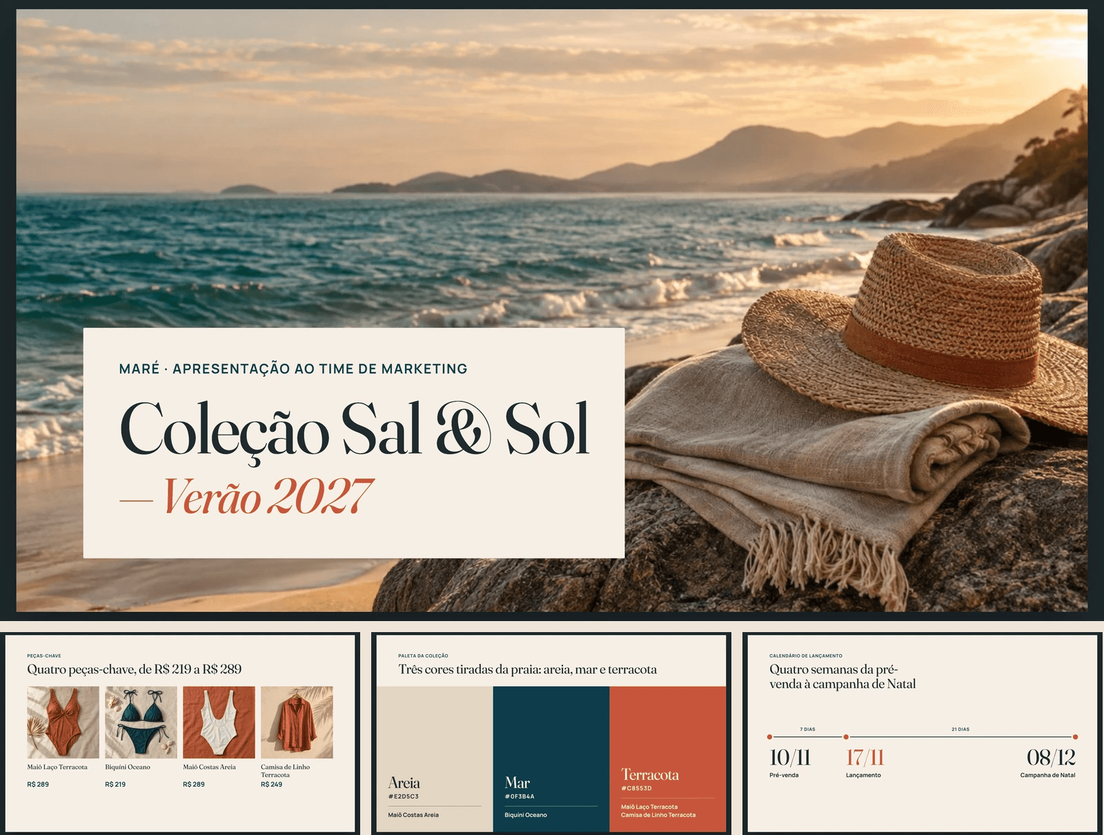 Capa do deck “Coleção Sal & Sol — Verão 2027” da Maré.